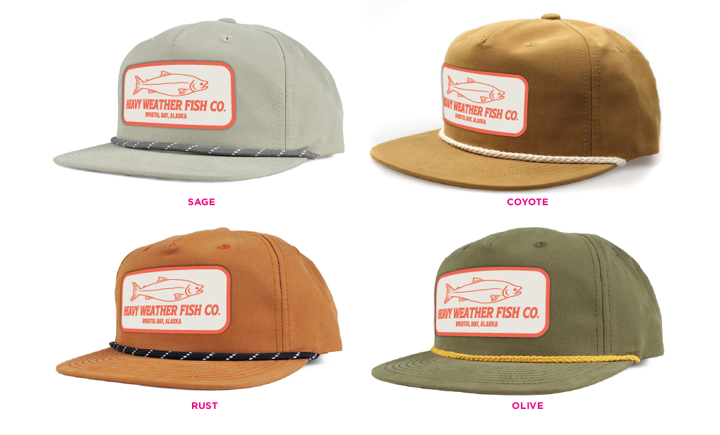 Flat bill hats with cord. Available at pickups only.